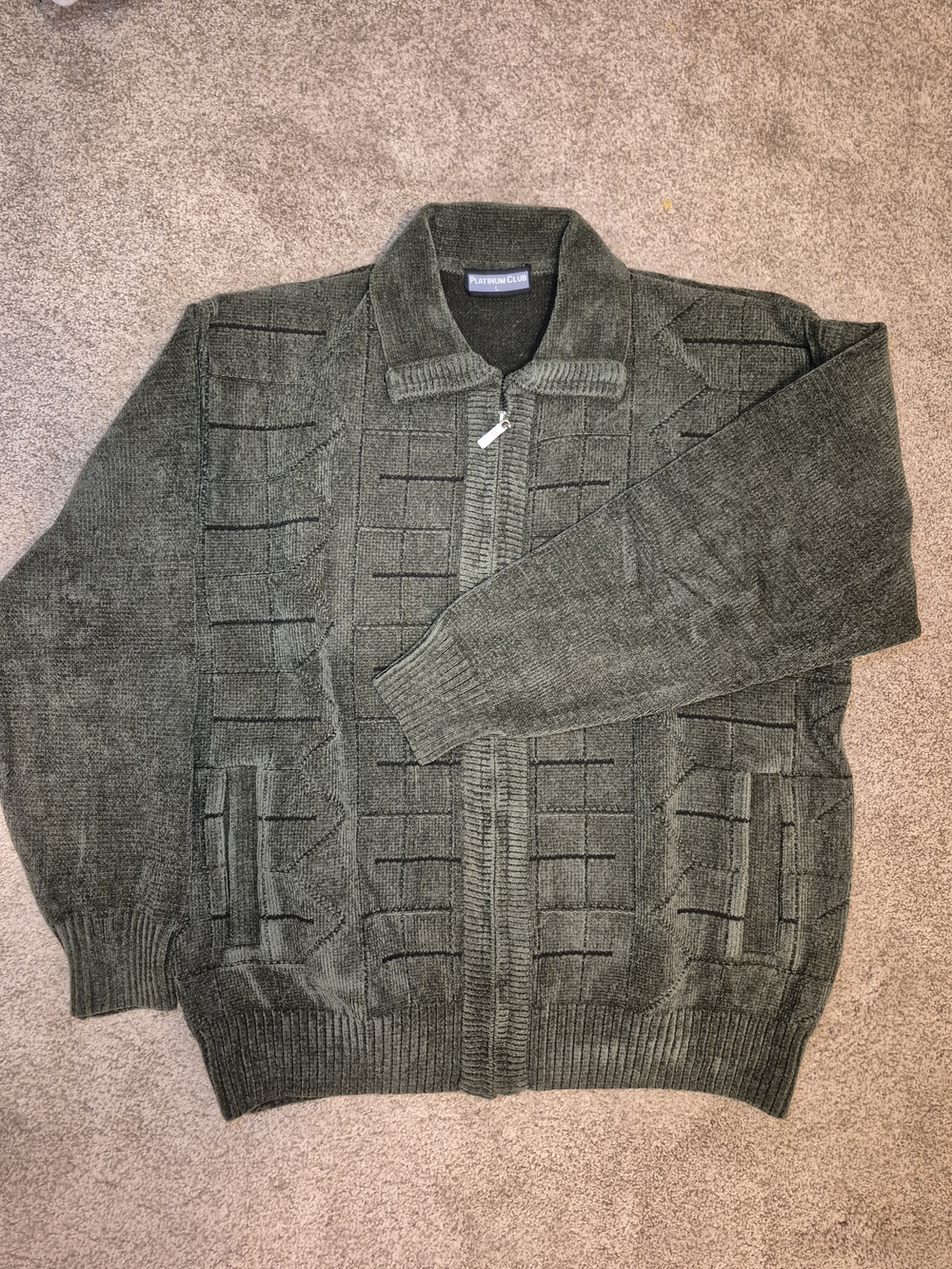 Vintage NWOT New Men's Olive Green Chenille Zip Cardigan Large Side Pockets